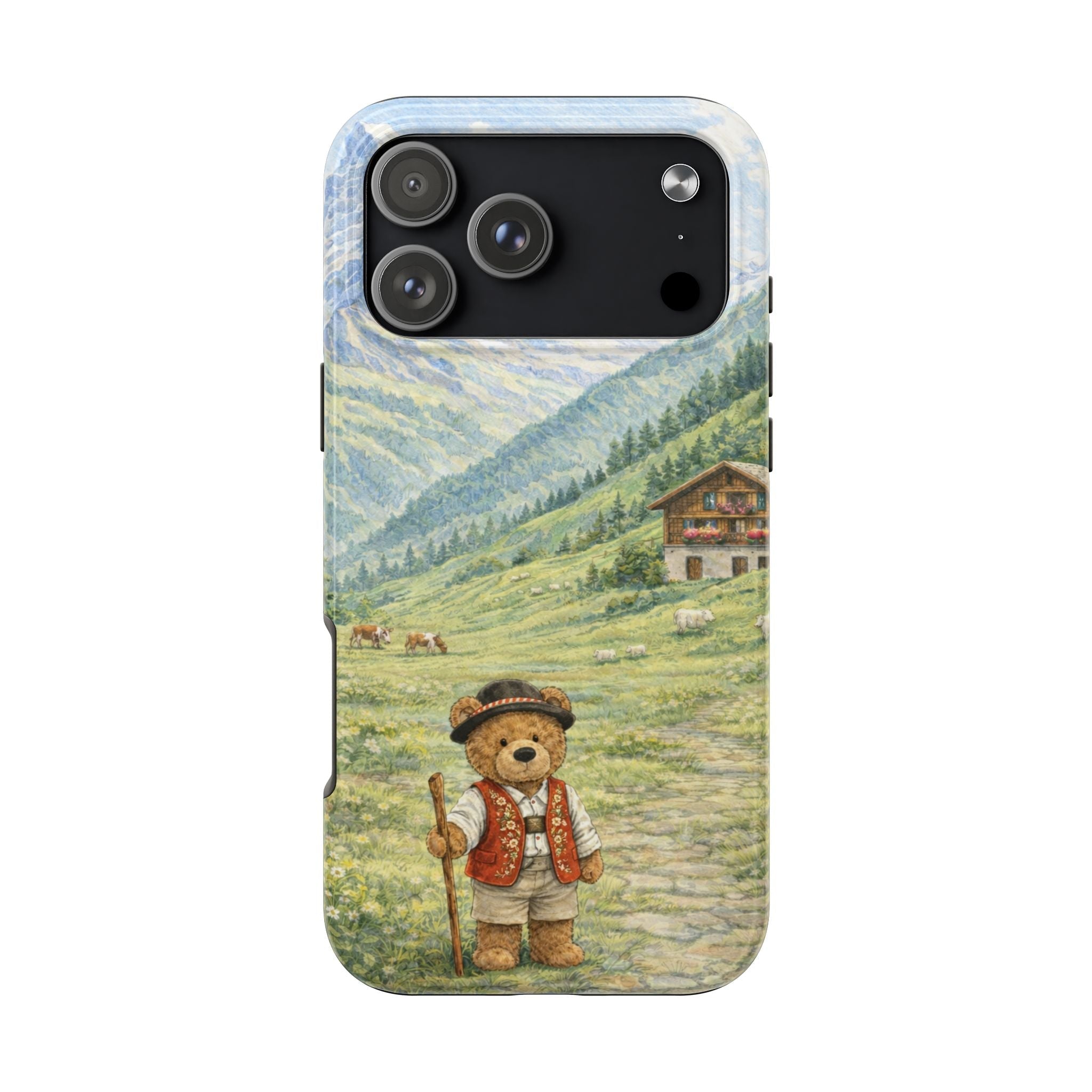 Teddy bear Swiss mountain landscape phone case with camera cutouts