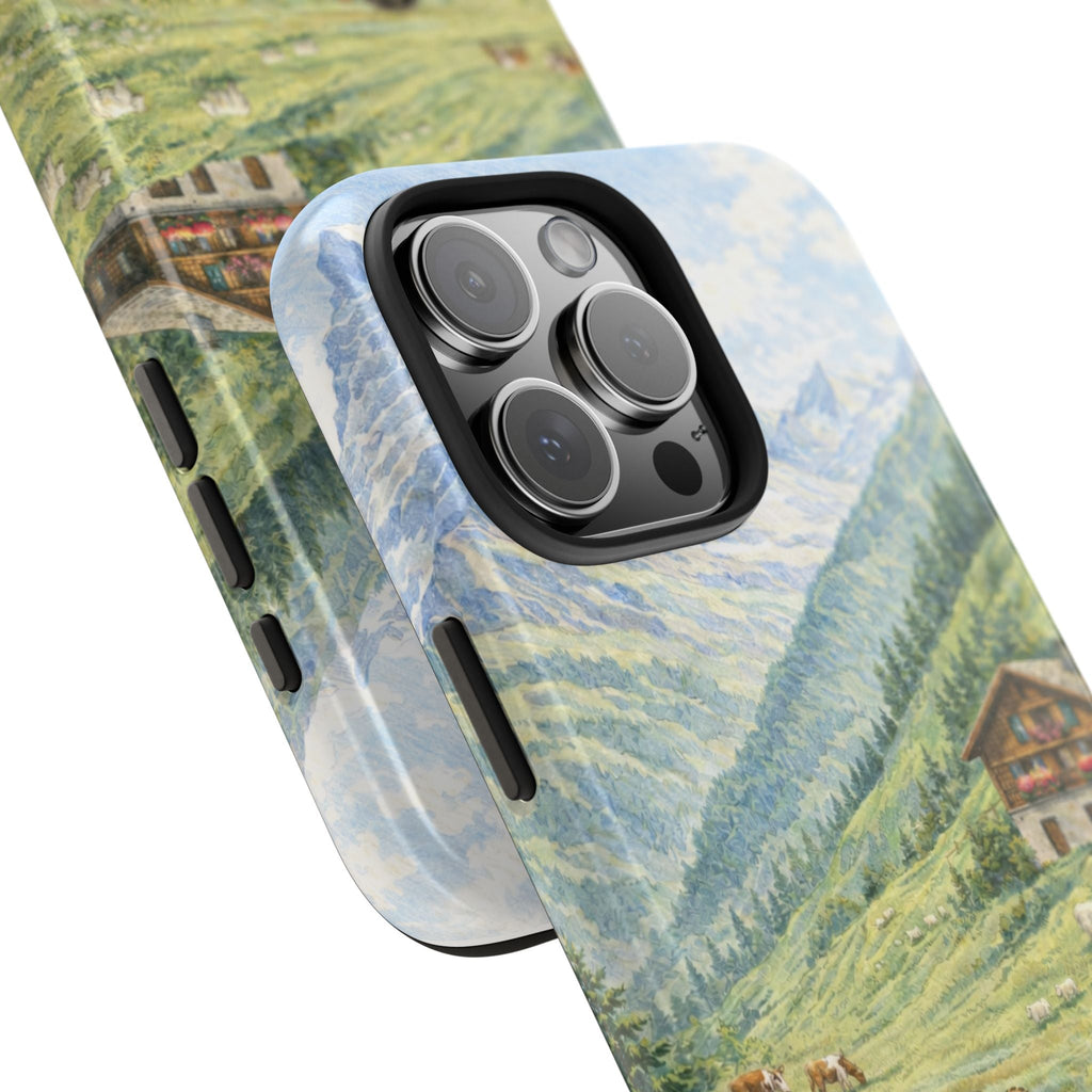Angled teddy bear Swiss Alps phone case showing lens openings and raised edges
