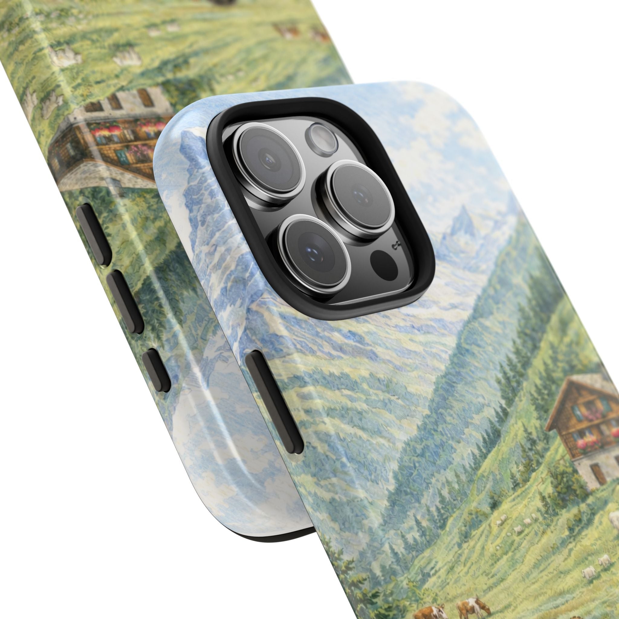Angled teddy bear Swiss Alps phone case showing lens openings and raised edges