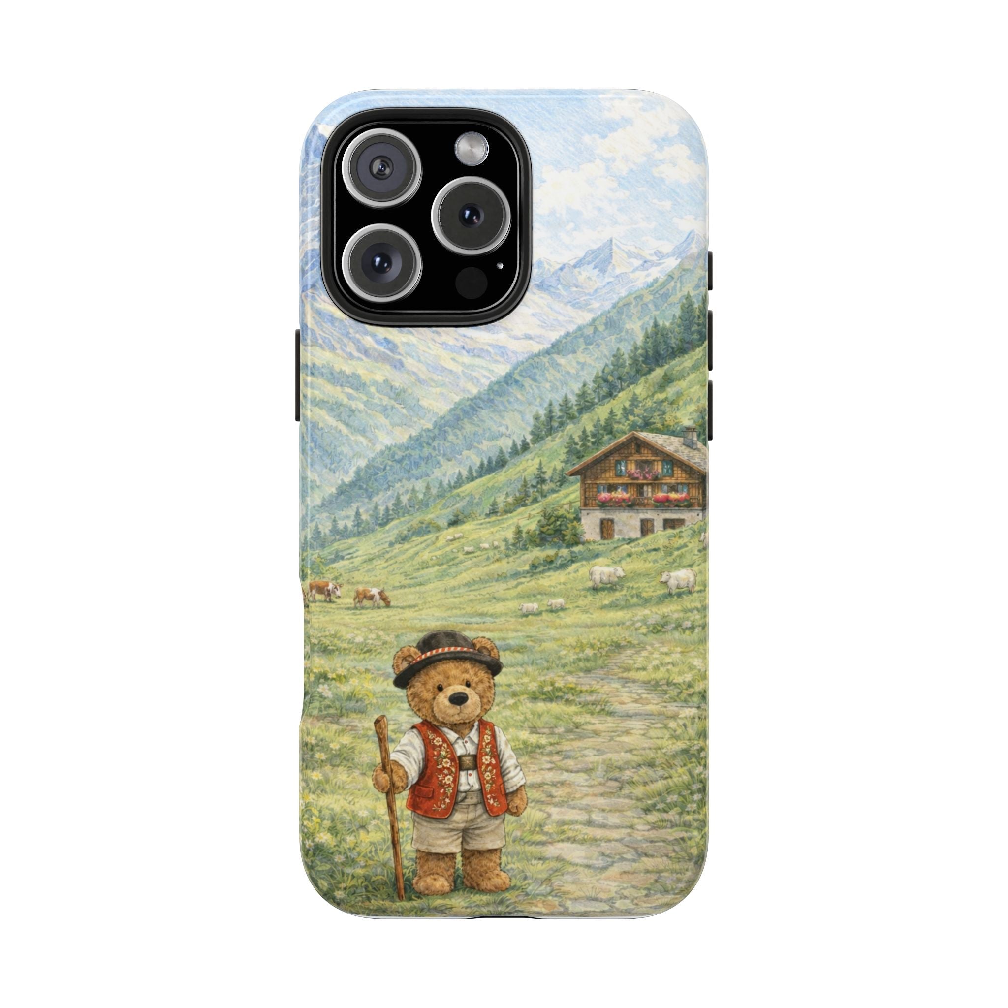 Swiss Alps teddy bear phone case with hat, vest, and hiking staff