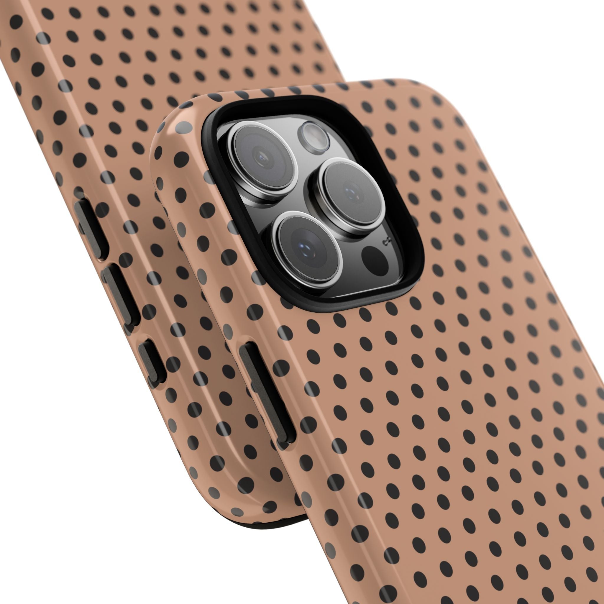 Tan polka dot phone case angled view with camera lens cutout and side grip