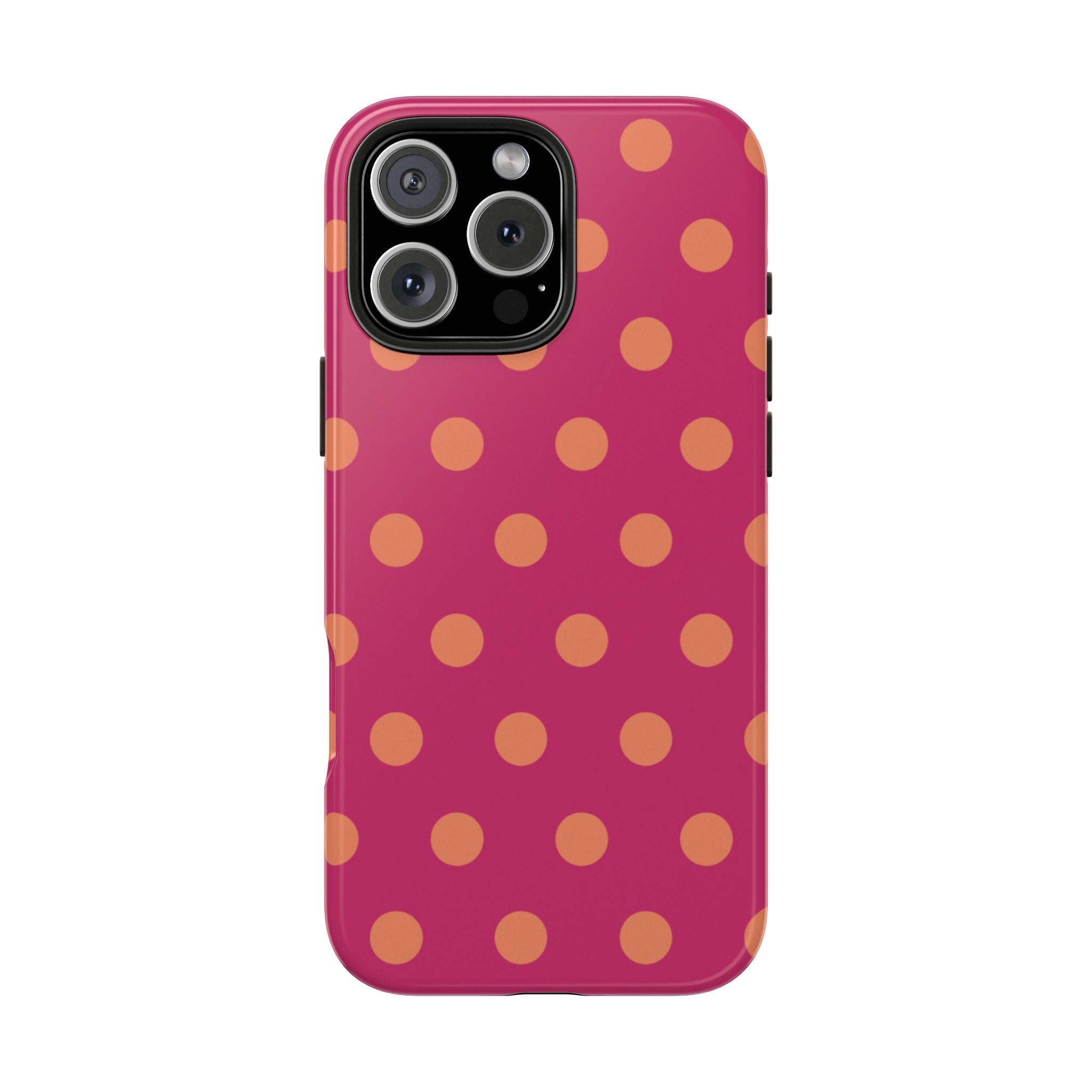 Magenta phone case featuring scattered orange polka dots, raised camera cutouts
