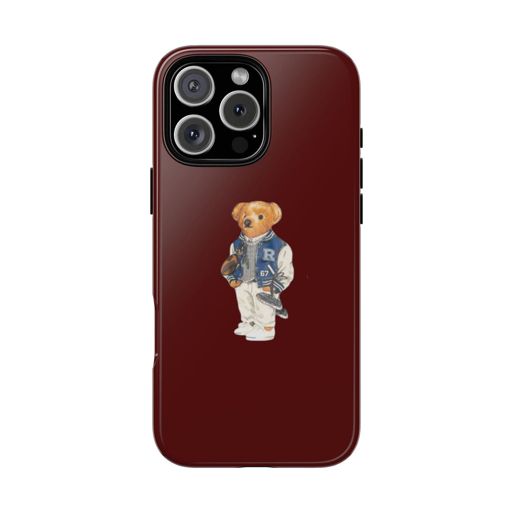 Tart cherry teddy bear phone case in dark red with bear graphic in blue overalls