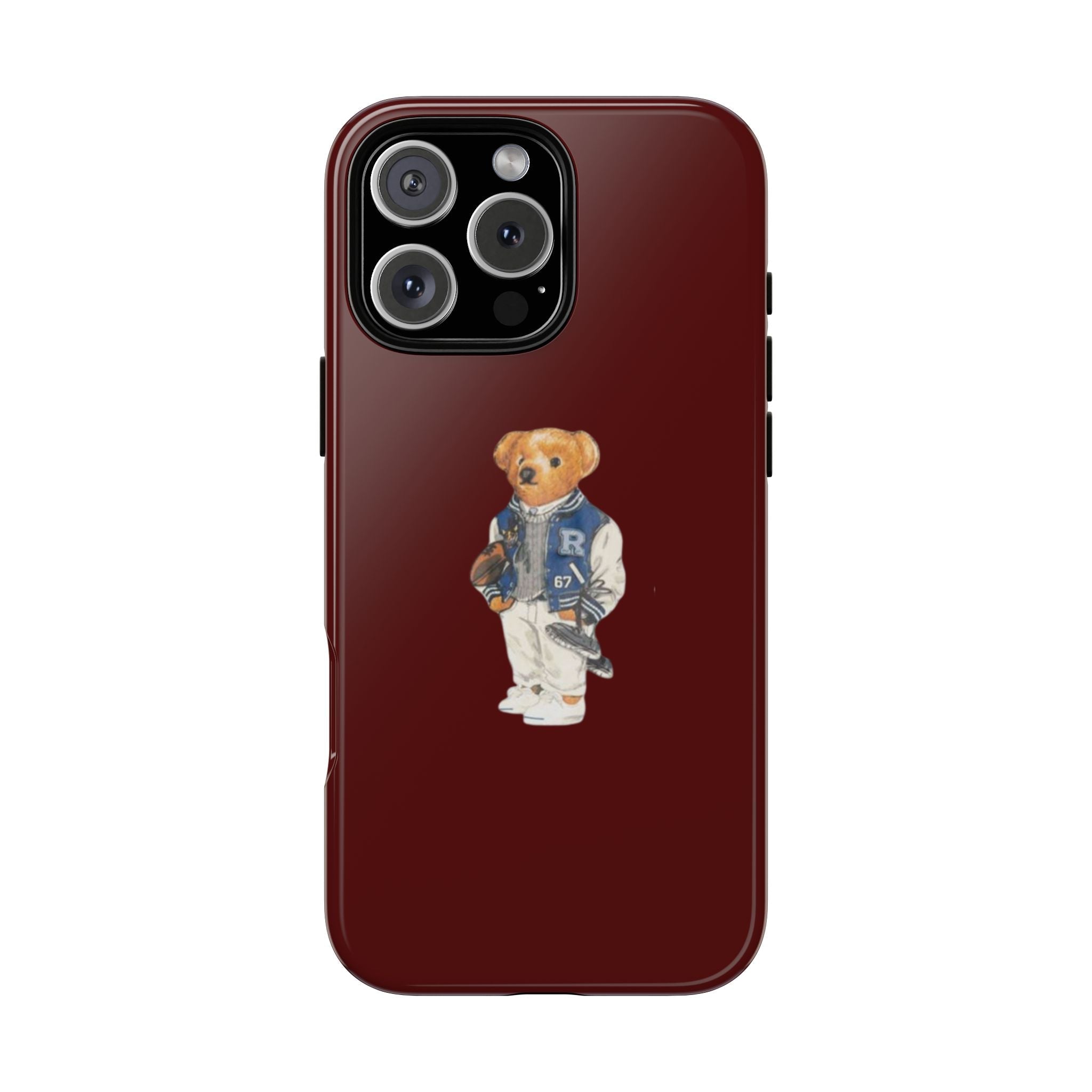 Tart cherry teddy bear phone case in dark red with bear graphic in blue overalls
