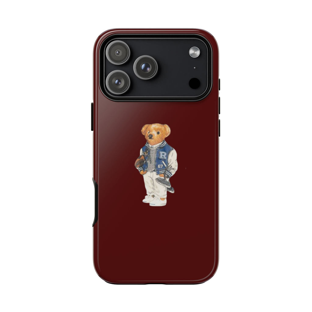 Tart cherry teddy bear phone case back in dark red with bear graphic in blue overalls