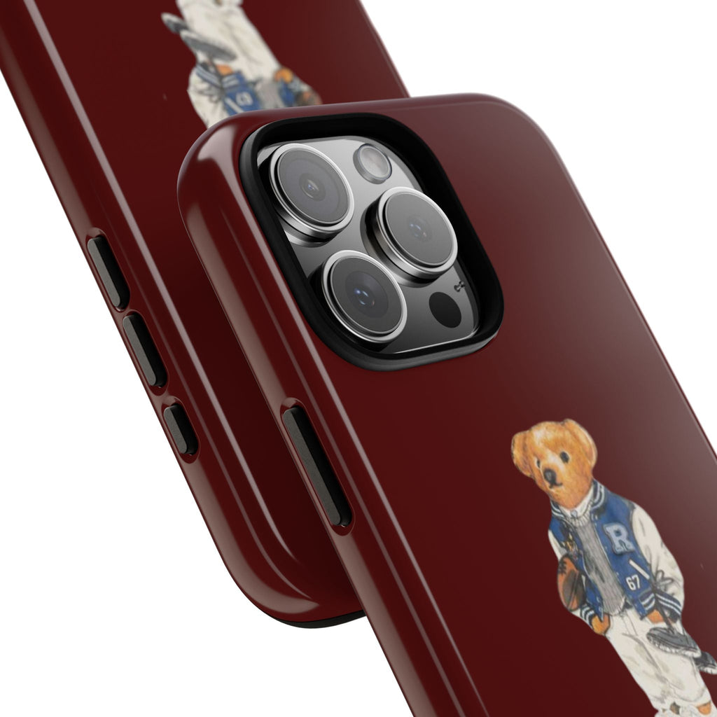 Dark red glossy teddy bear phone case side with bear graphic and button cutouts