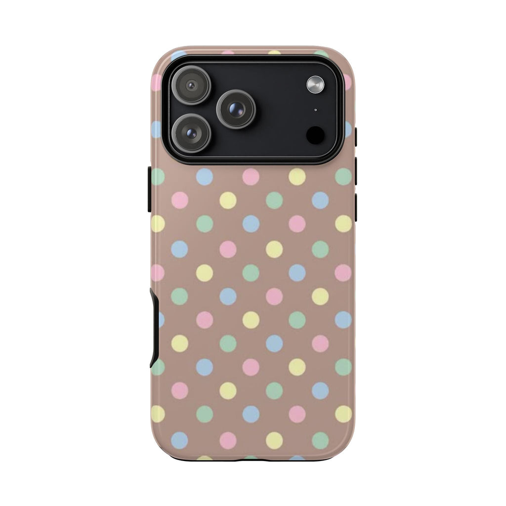 Taupe confetti polka dot phone case with camera lenses visible through cutout