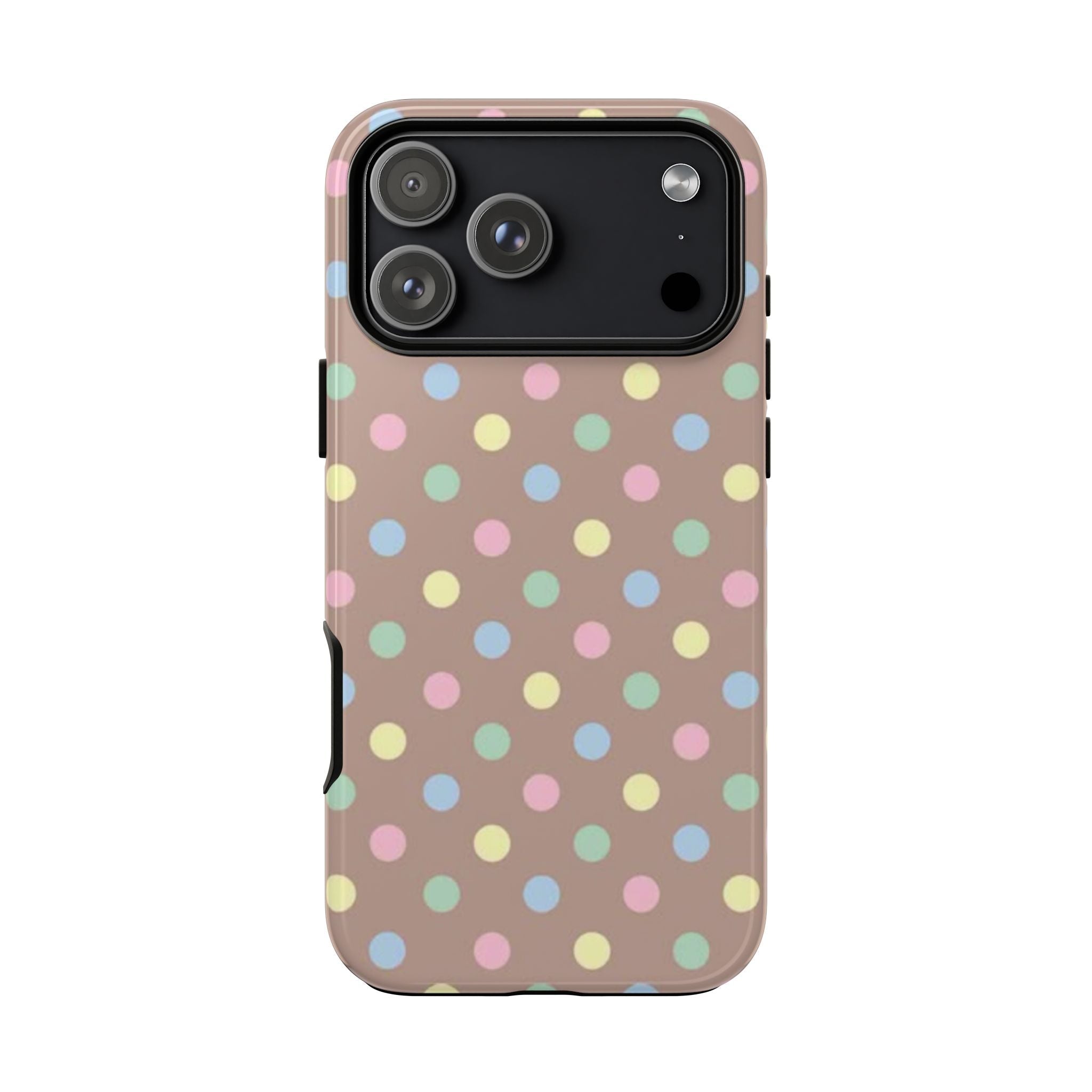 Taupe confetti polka dot phone case with camera lenses visible through cutout