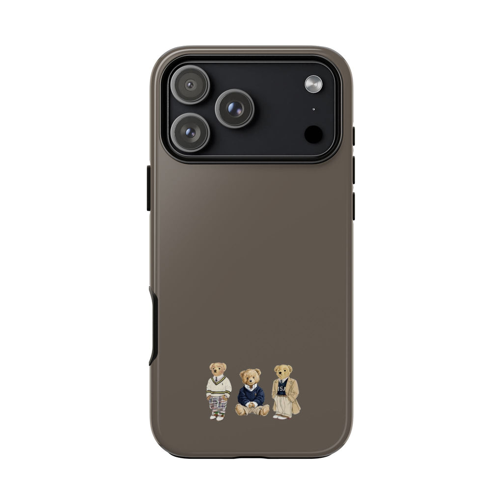 Taupe phone case with teddy bear character graphic on the back, camera cutout