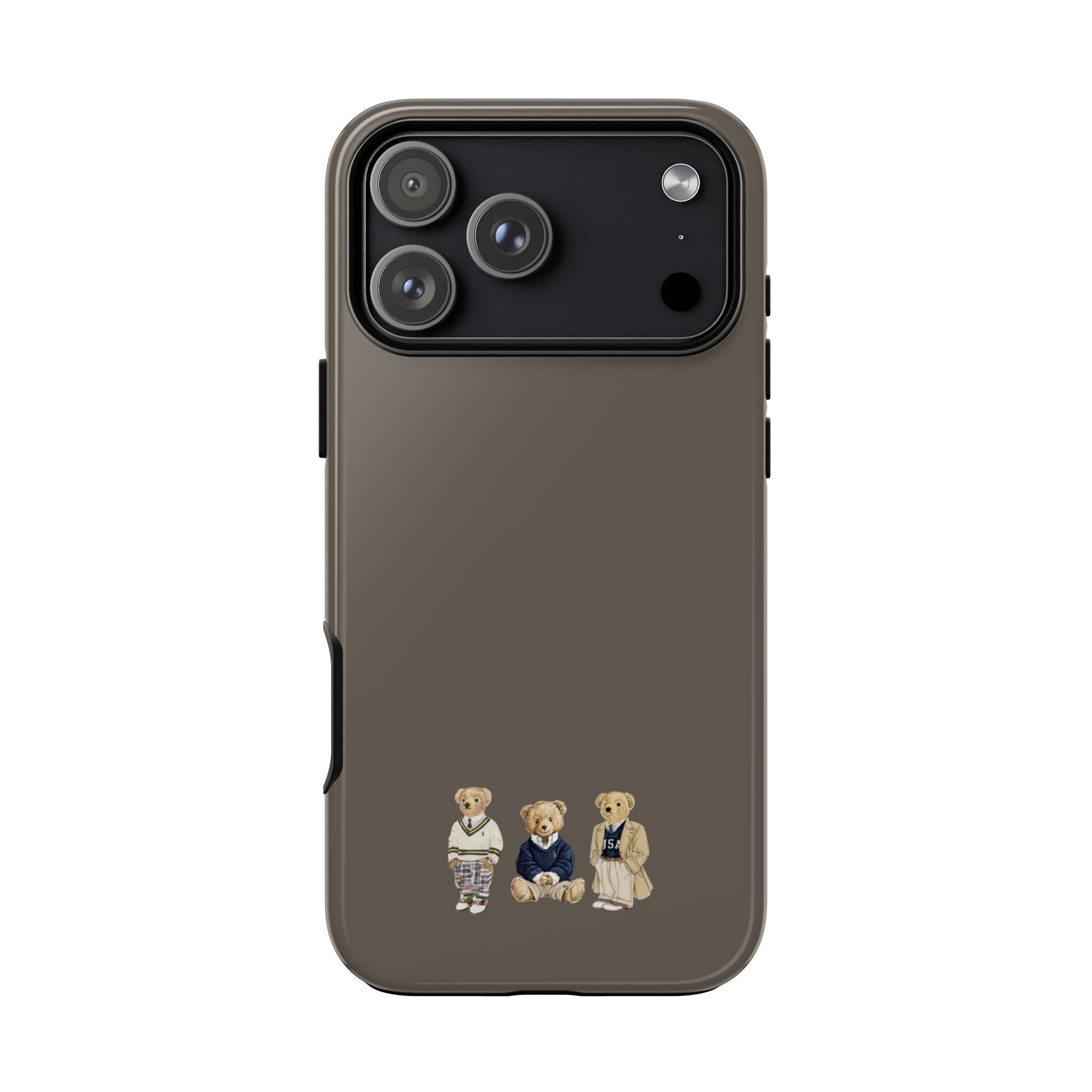 Taupe phone case with teddy bear character graphic on the back, camera cutout
