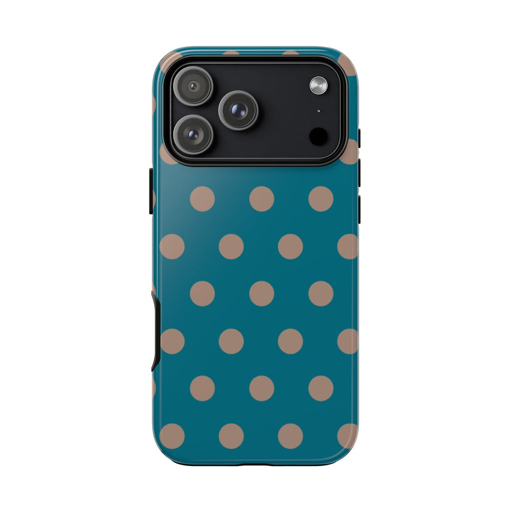Teal polka dot phone case with tan dots and black camera panel