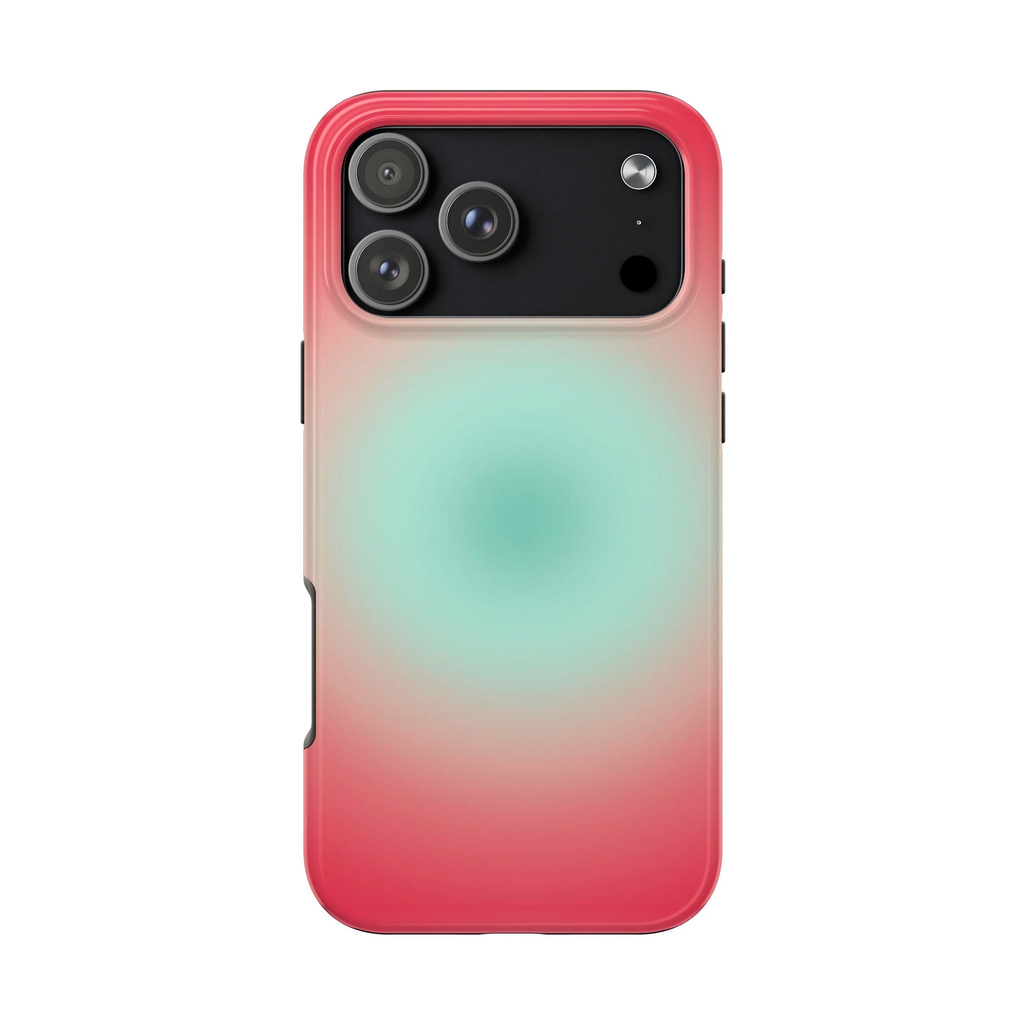 Phone case with teal-to-pink aura gradient and black camera cutout