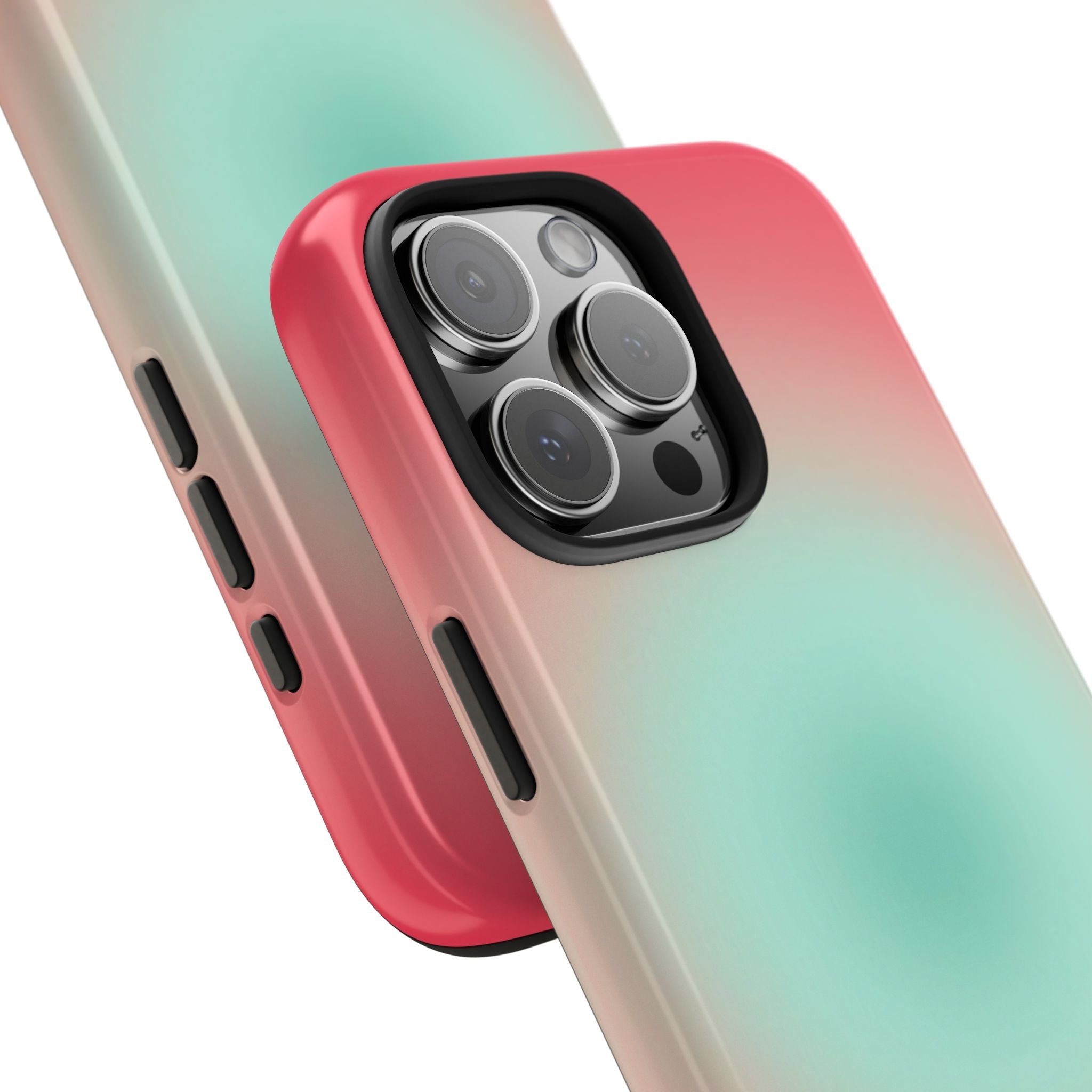 Teal aura gradient phone case with red sides and raised camera protection