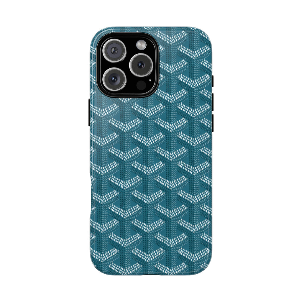 Teal phone case with geometric pattern and raised camera cutouts for protection