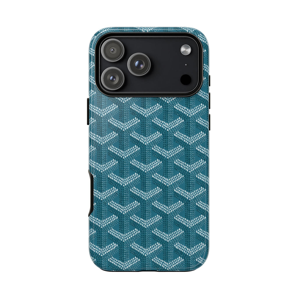 Teal phone case with geometric pattern and camera cutouts along the top edge