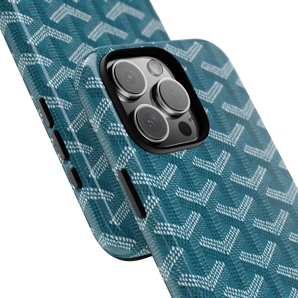 Teal phone case with geometric pattern, lens openings, and side button cutouts