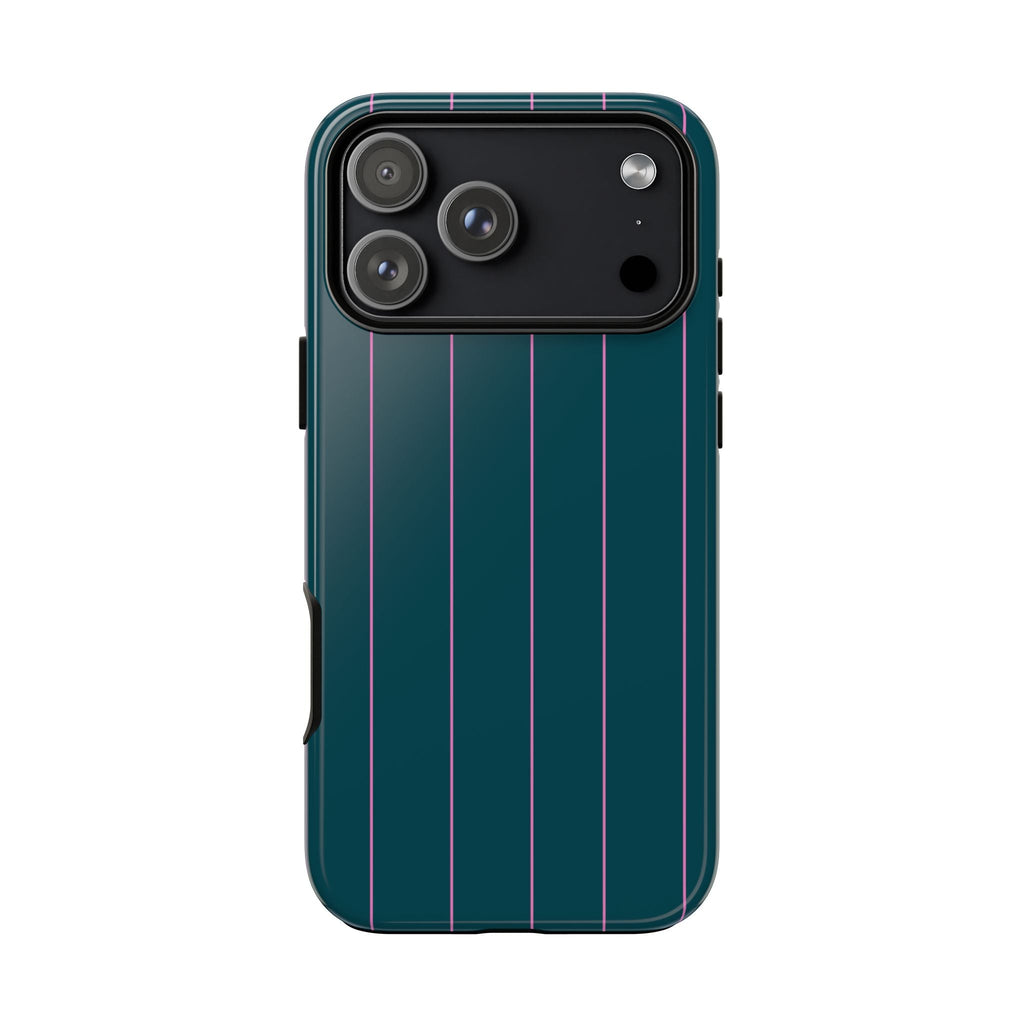 Back of teal phone case with minimal pink vertical stripes and dual camera lenses