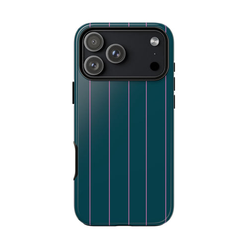 Back of teal phone case with minimal pink vertical stripes and dual camera lenses