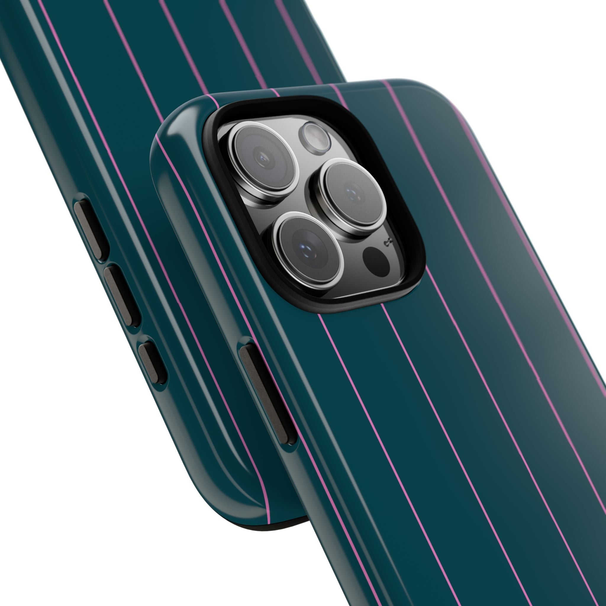 Angled teal phone case detail with minimal pink vertical stripes and camera cutout