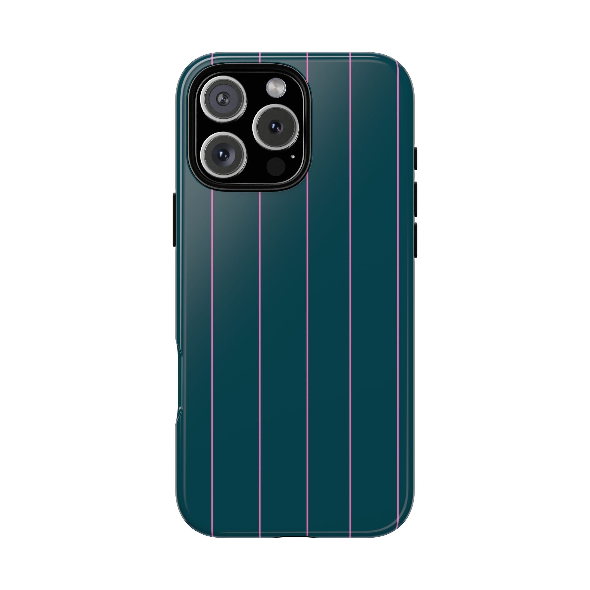 Teal phone case with minimal pink vertical stripes and camera cutout
