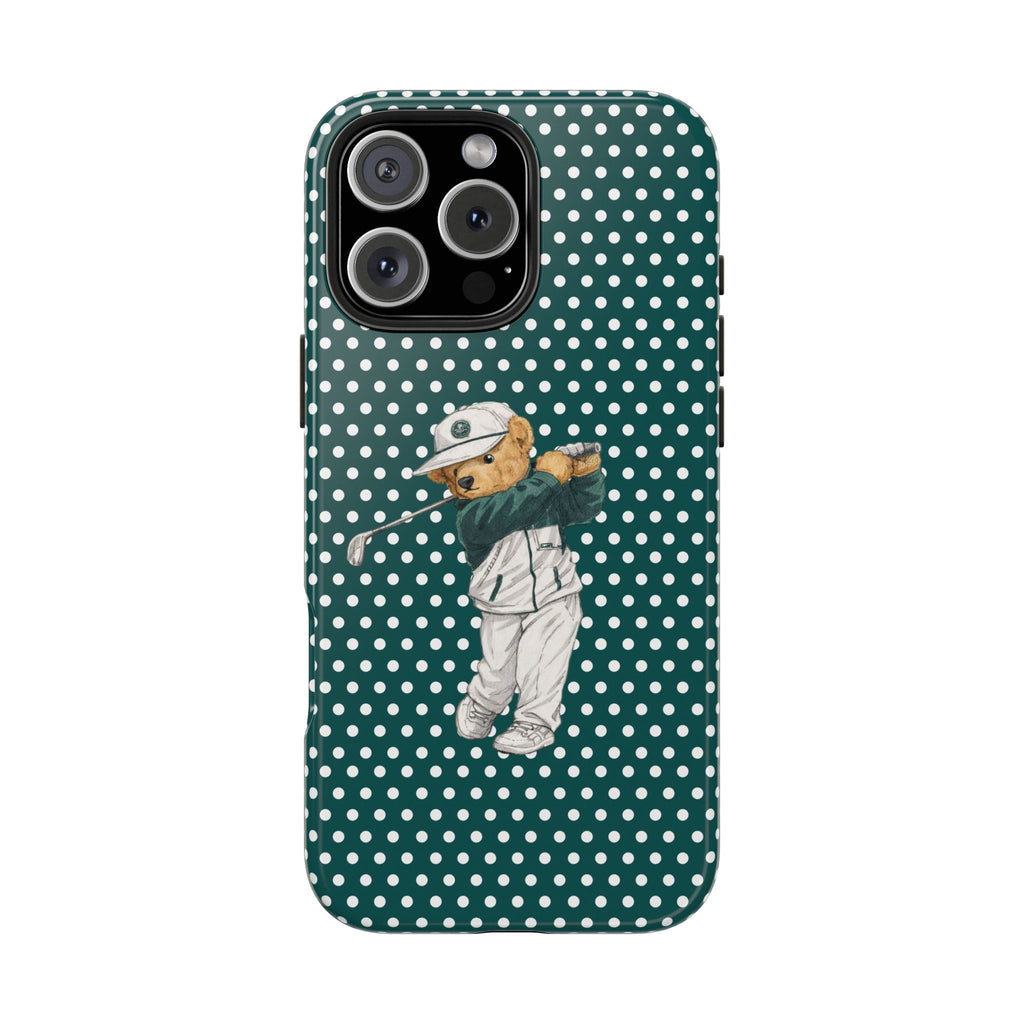 Teal polka-dot phone case featuring golfer teddy bear in green shirt with hat