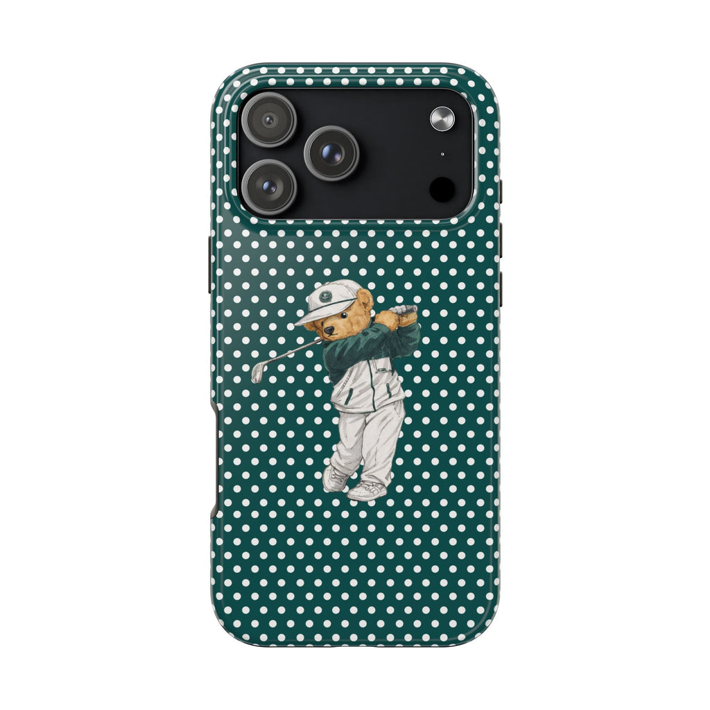 Teal polka-dot phone case with golfer teddy bear illustration and camera cutouts