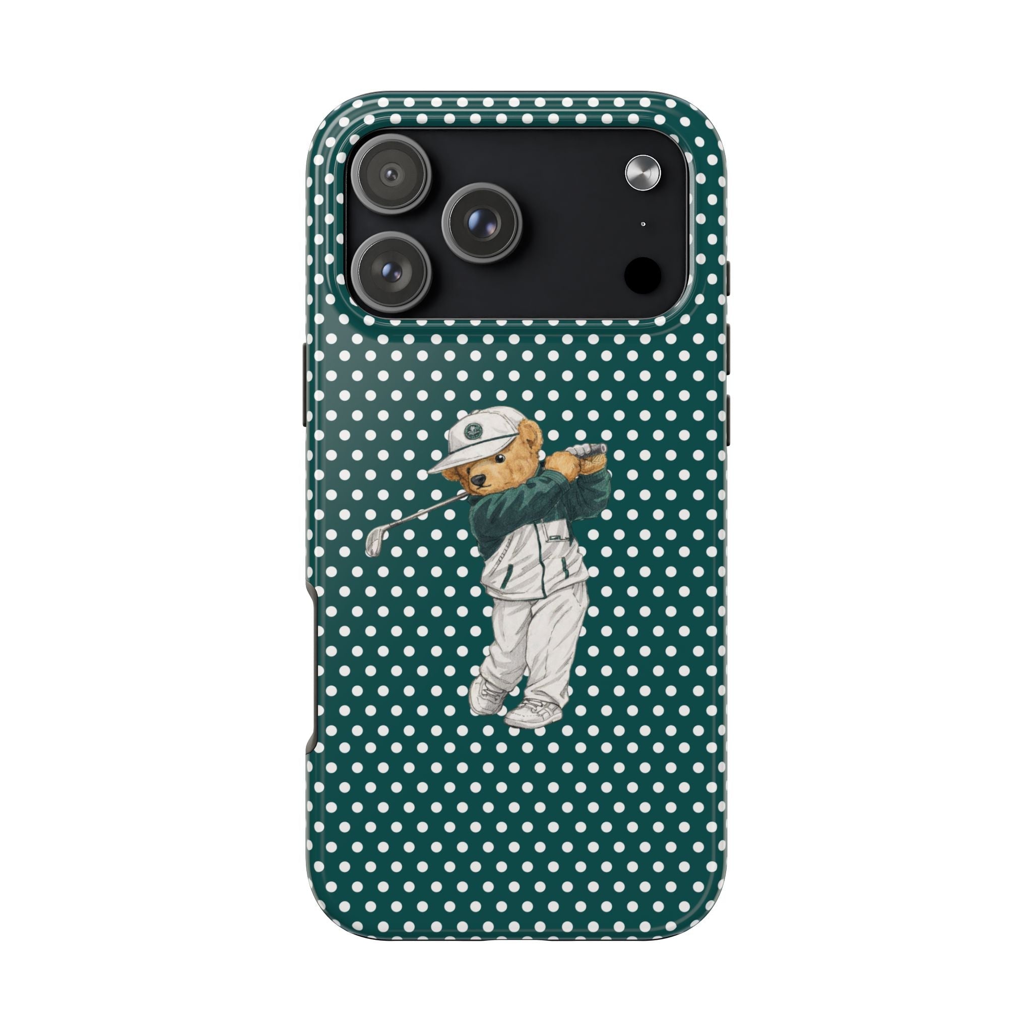 Teal polka-dot phone case with golfer teddy bear illustration and camera cutouts