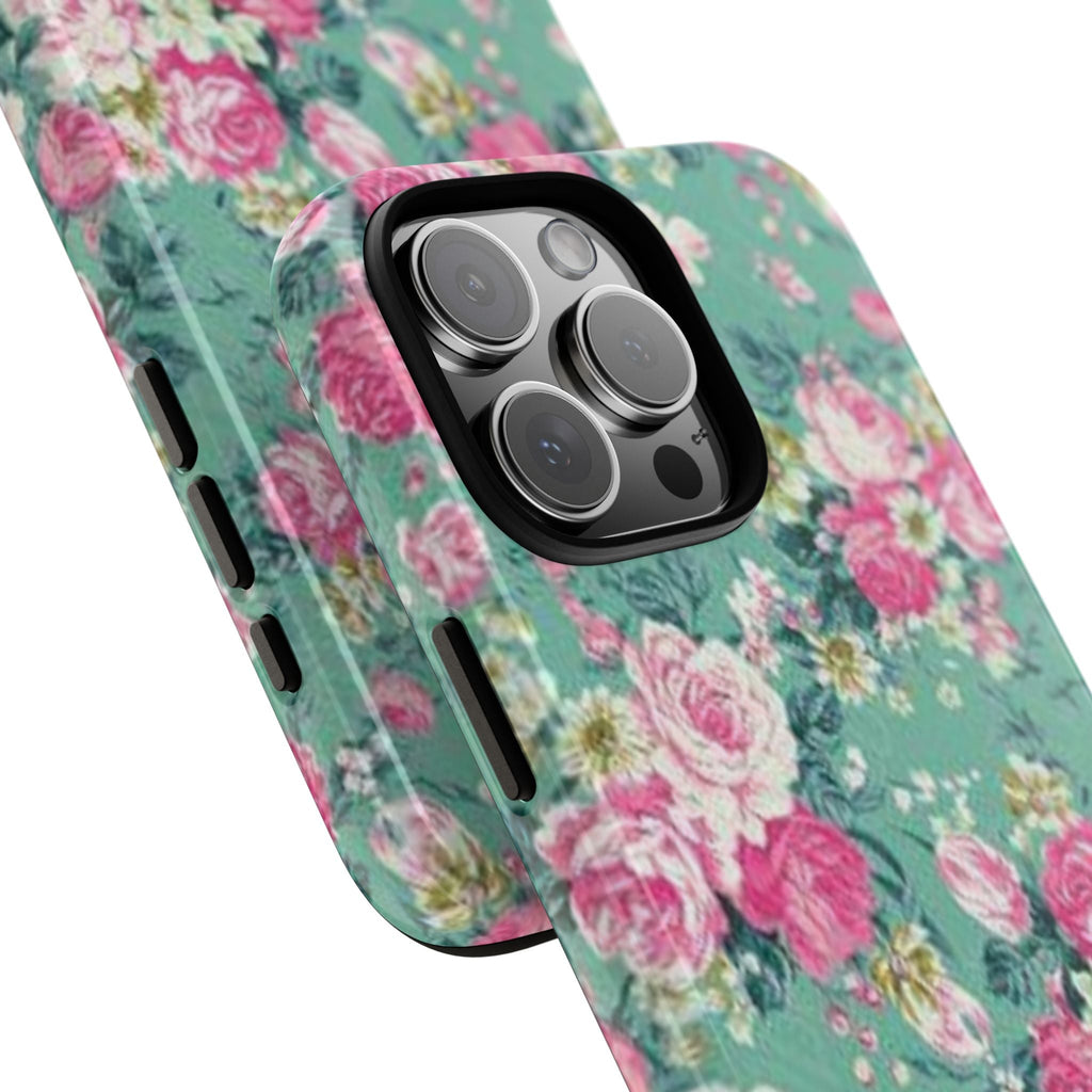 Teal retro floral phone case angled view, rose pattern and raised camera area