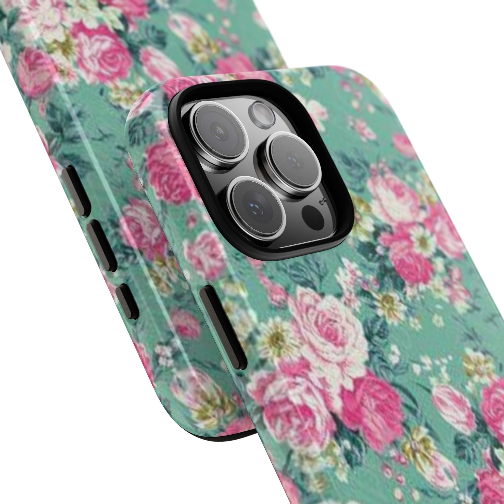 Teal retro floral phone case angled view, rose pattern and raised camera area