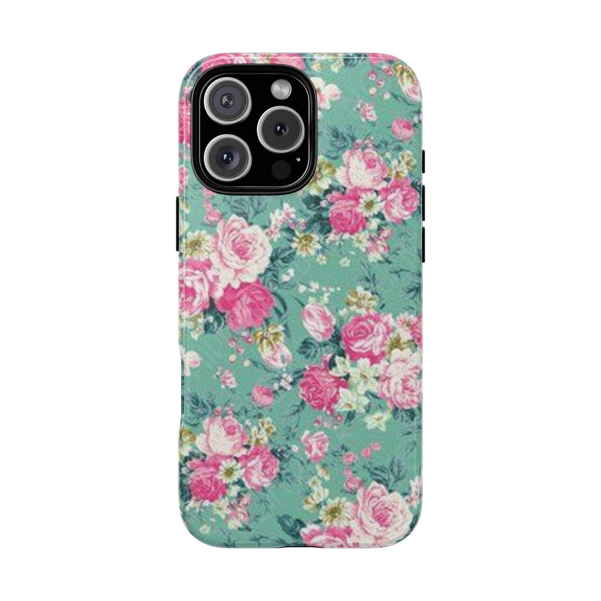 Teal retro floral phone case with pink and white roses, camera cutout