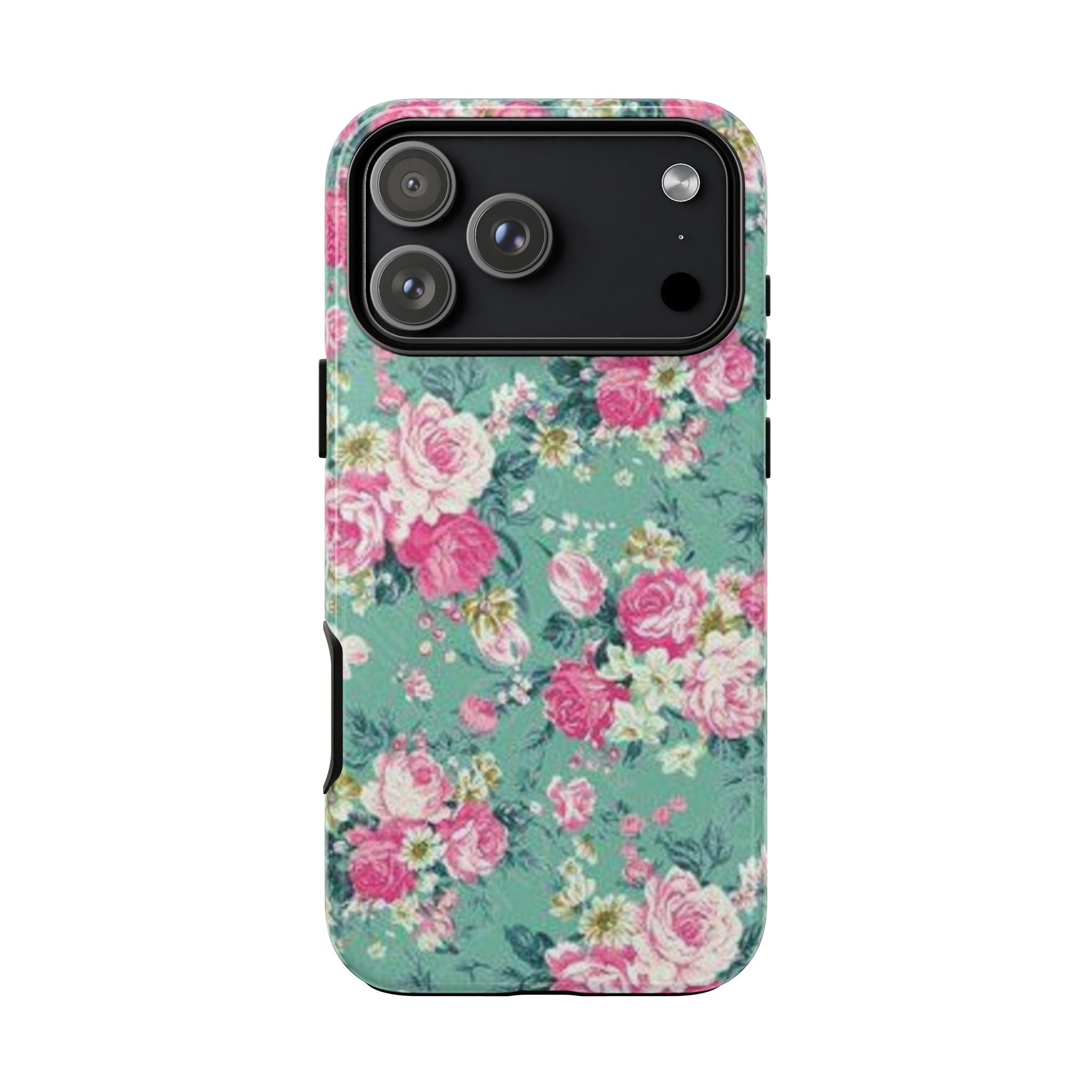 Teal retro floral phone case with pink rose pattern, camera lenses and side openings
