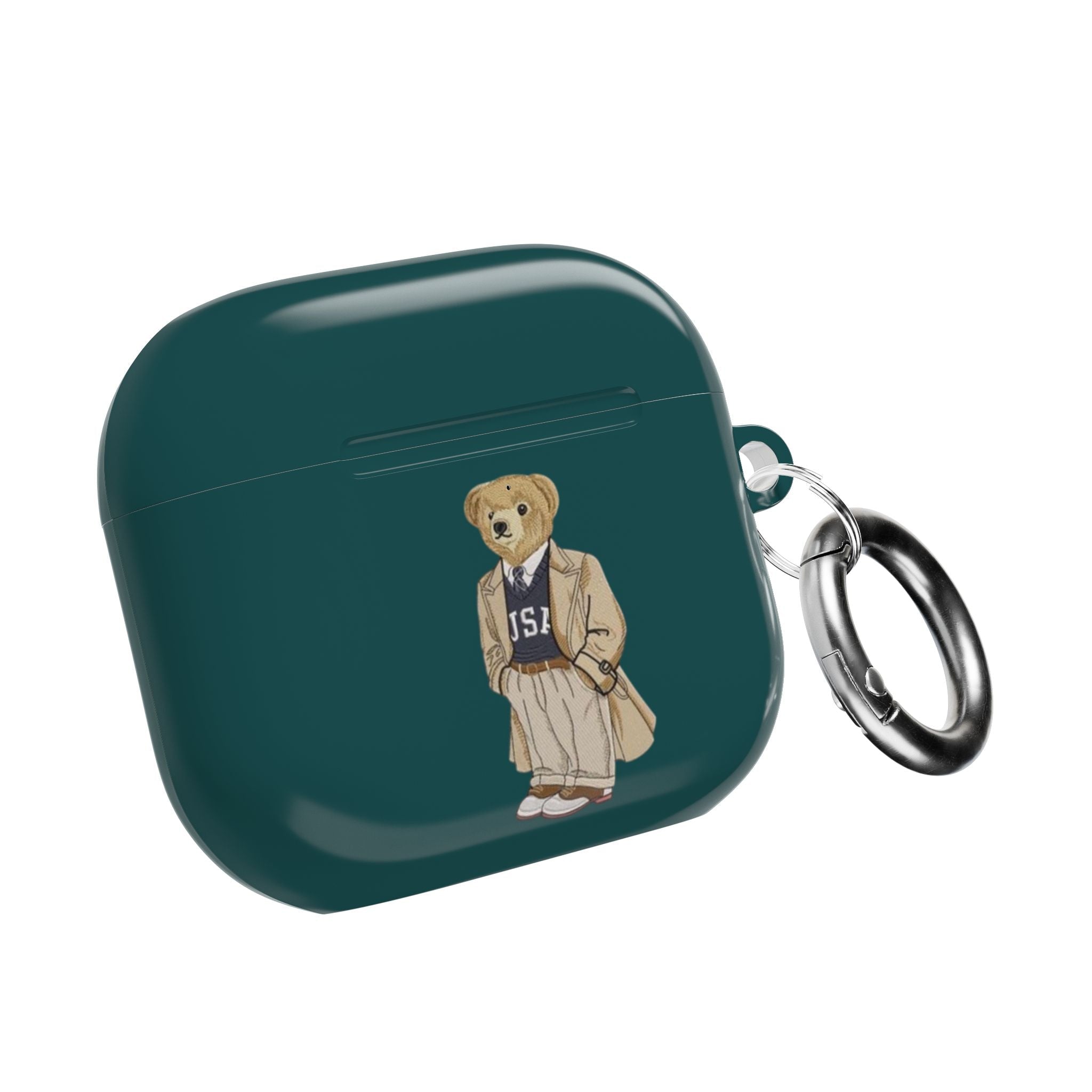 Teal AirPods case with teddy bear polo graphic and metal keyring loop