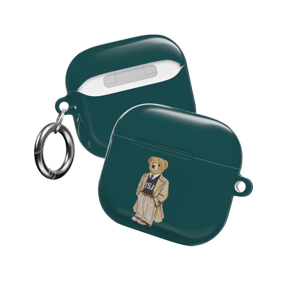 Teal AirPods case with teddy bear polo graphic, rounded shell with attachment loops