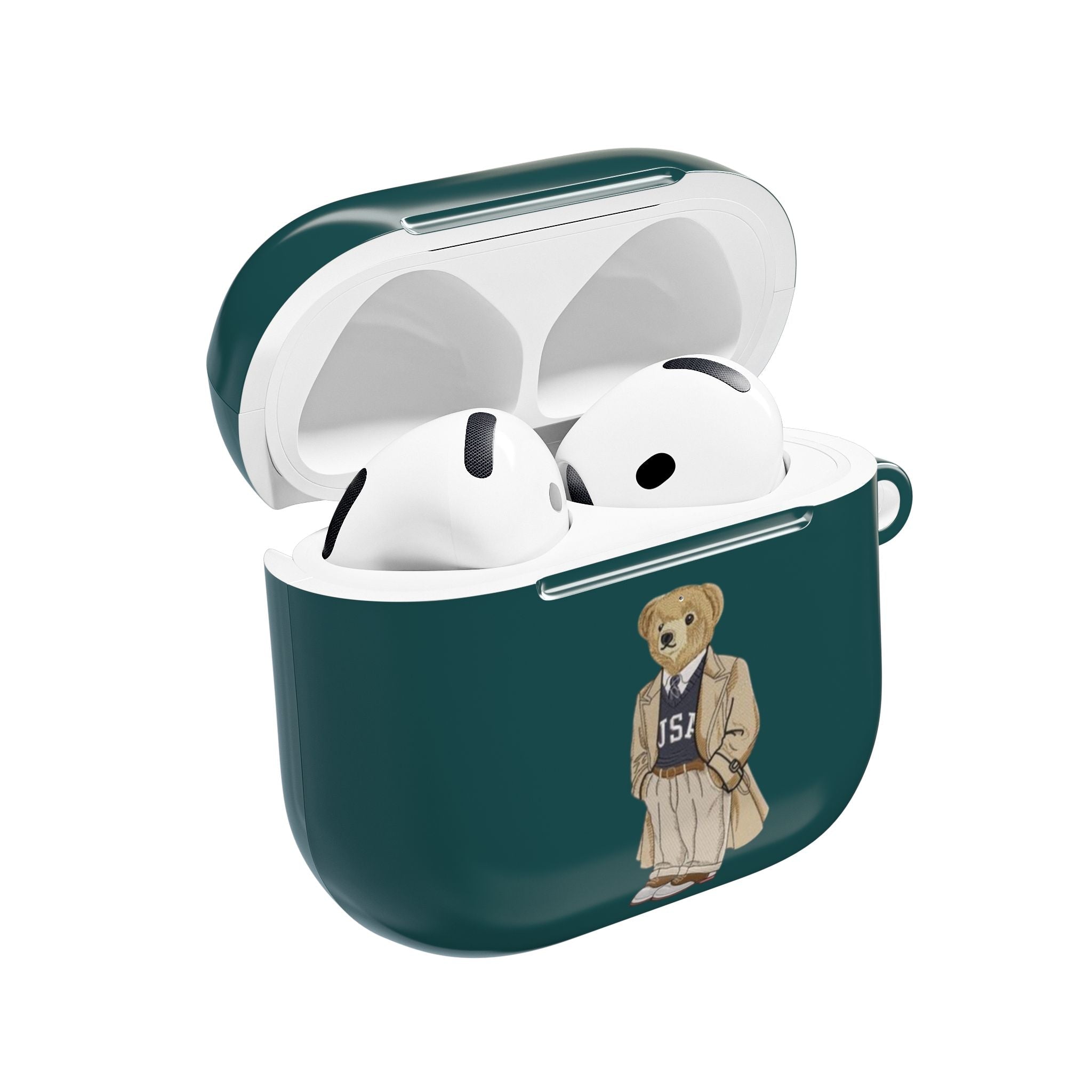 Teal AirPods case with teddy bear polo graphic, open lid showing earbuds