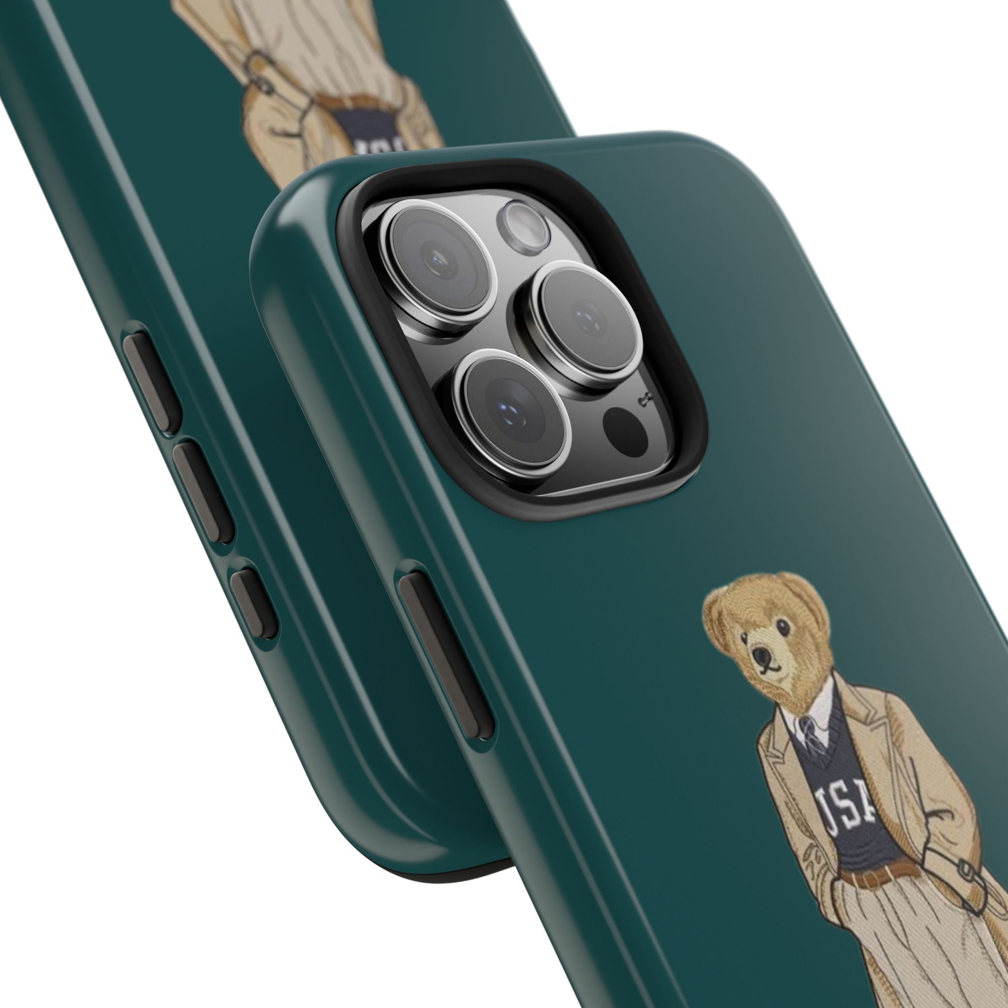 Teal phone case with teddy bear polo graphic and raised camera-lens cutout details
