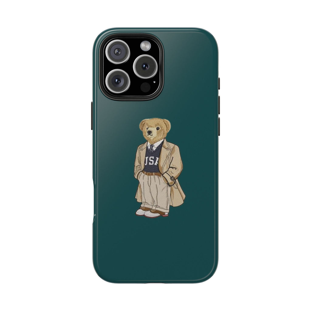 Teal smartphone case featuring a teddy bear in polo-style clothing centered on back