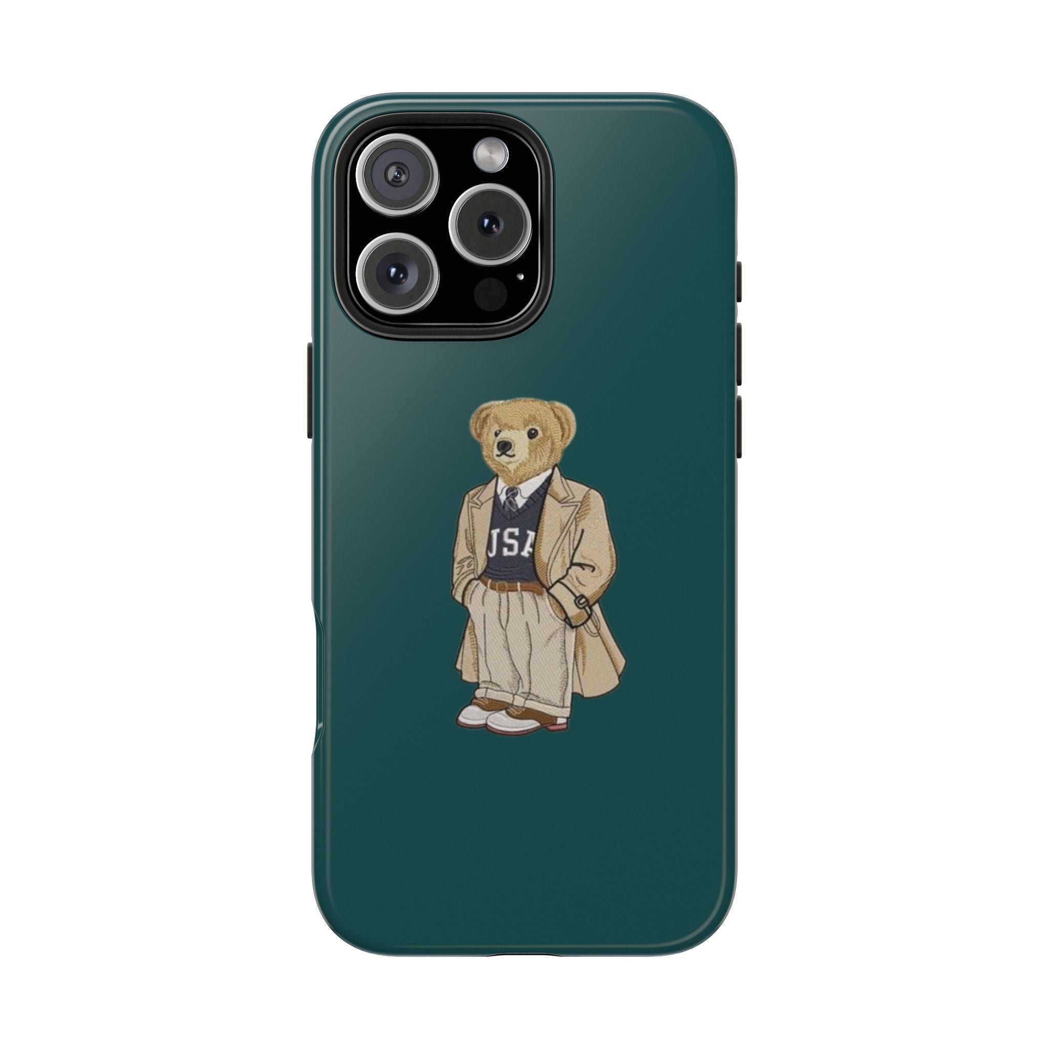Teal smartphone case featuring a teddy bear in polo-style clothing centered on back