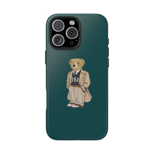Teal smartphone case featuring a teddy bear in polo-style clothing centered on back