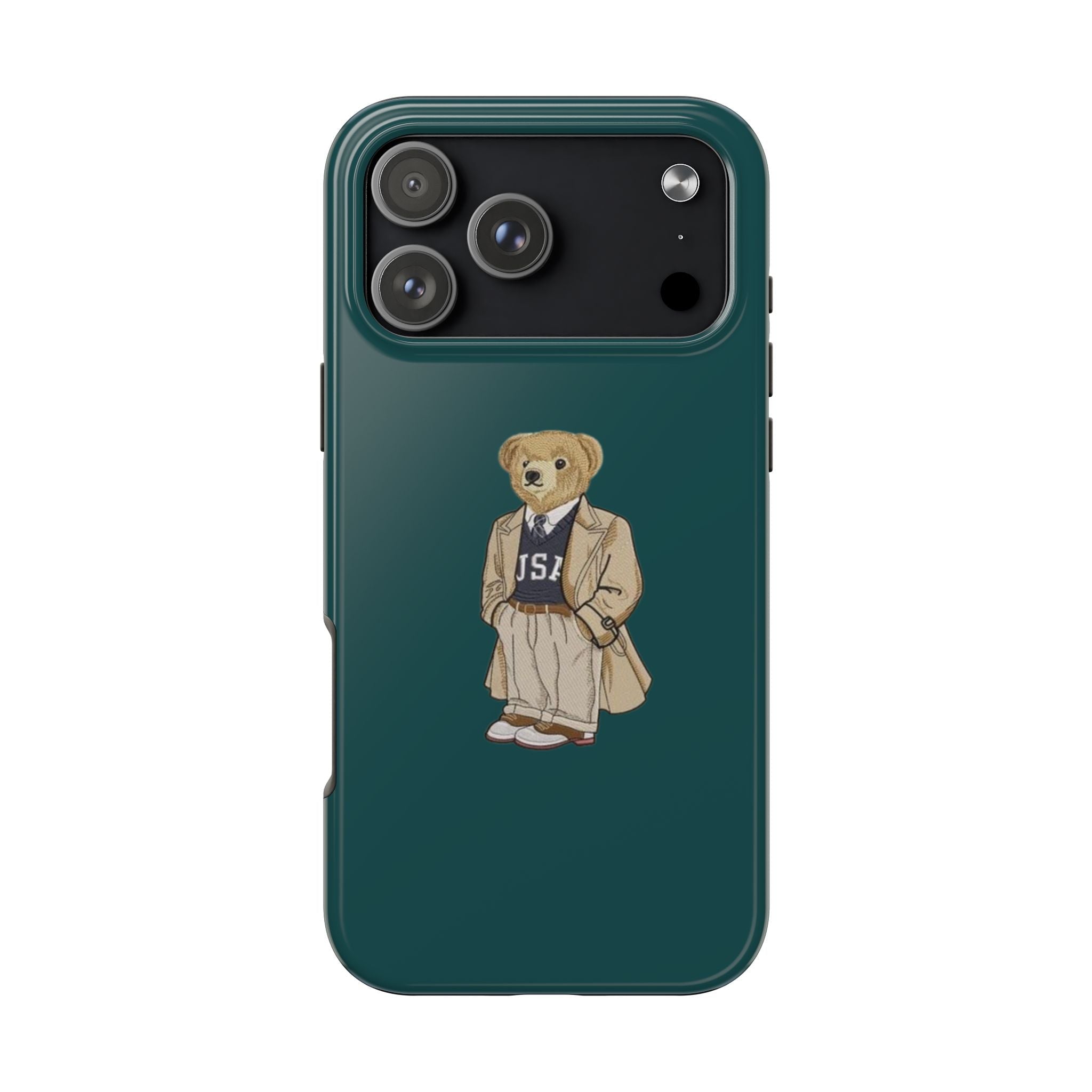 Teal phone case with cartoon teddy bear in polo outfit on the back