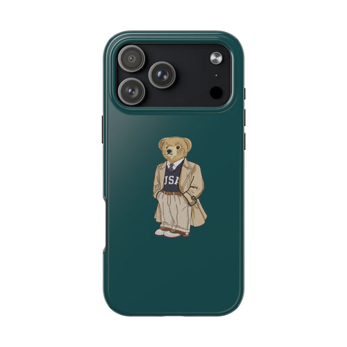 Teal phone case with cartoon teddy bear in polo outfit on the back