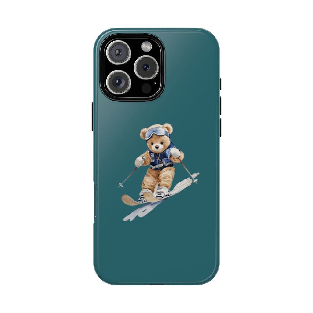 Teal phone case with vintage ski teddy bear graphic and cutouts for camera
