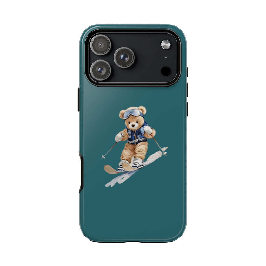 Teal ski teddy bear phone case with camera opening and side cutouts