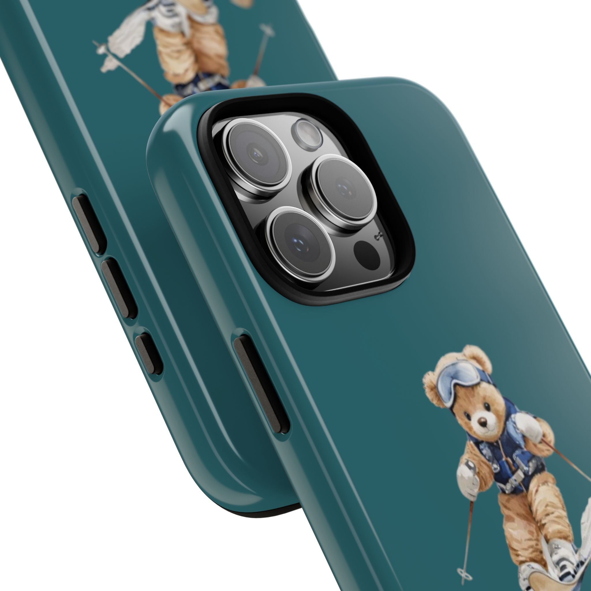 Teal phone case angled view with ski teddy bear print near bottom
