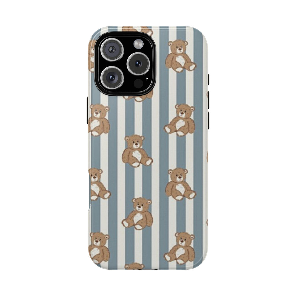 Phone case with light teal-and-white stripes and teddy bear pattern