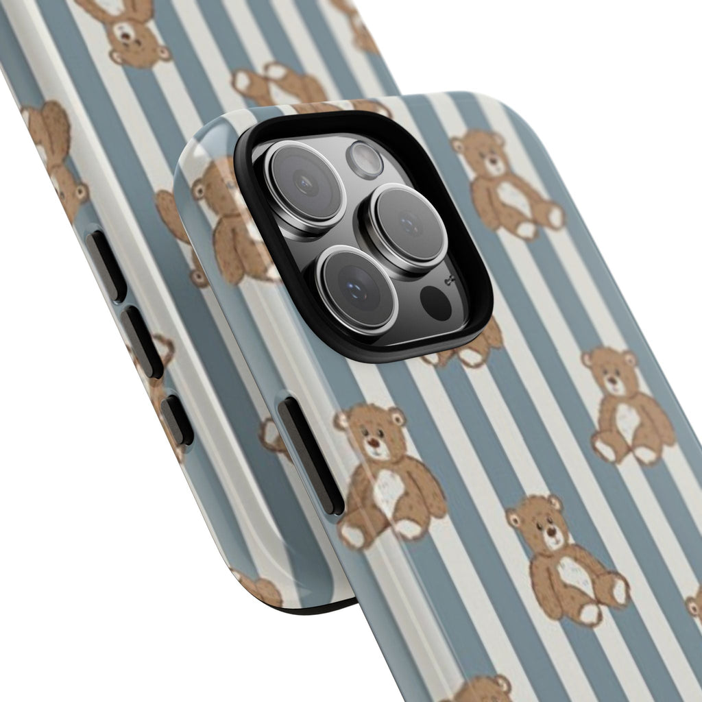 Side view phone case with teddy bears on light blue striped design