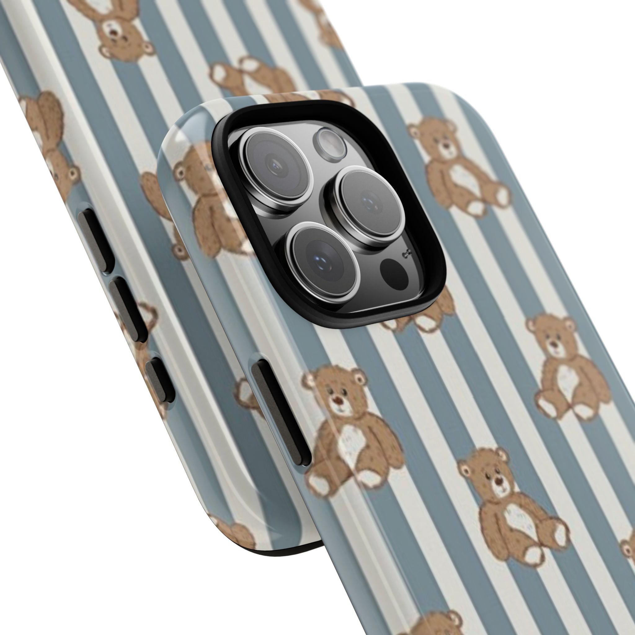 Side view phone case with teddy bears on light blue striped design