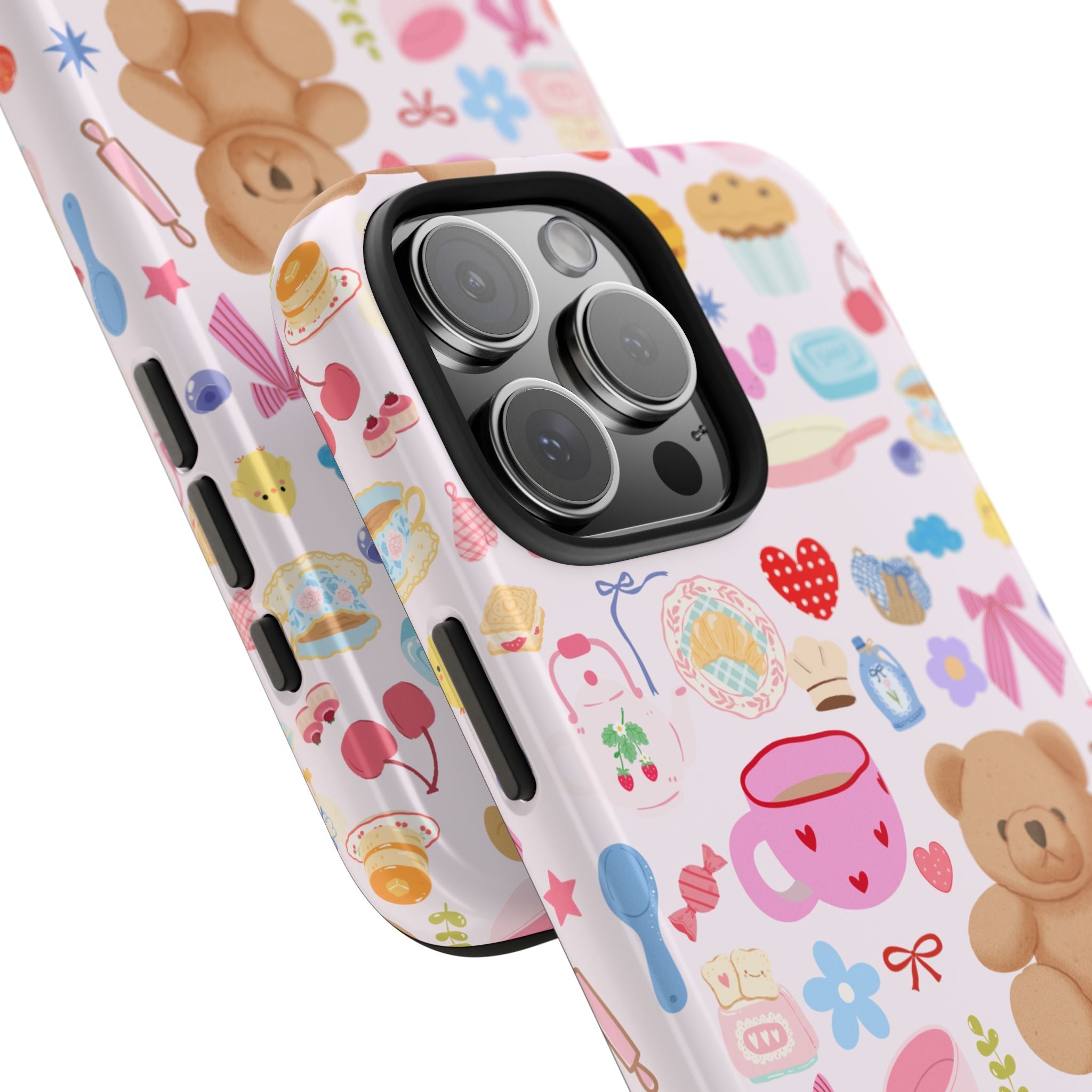 Teddy bear collage phone case angled view with camera lens cutouts and teddy graphic