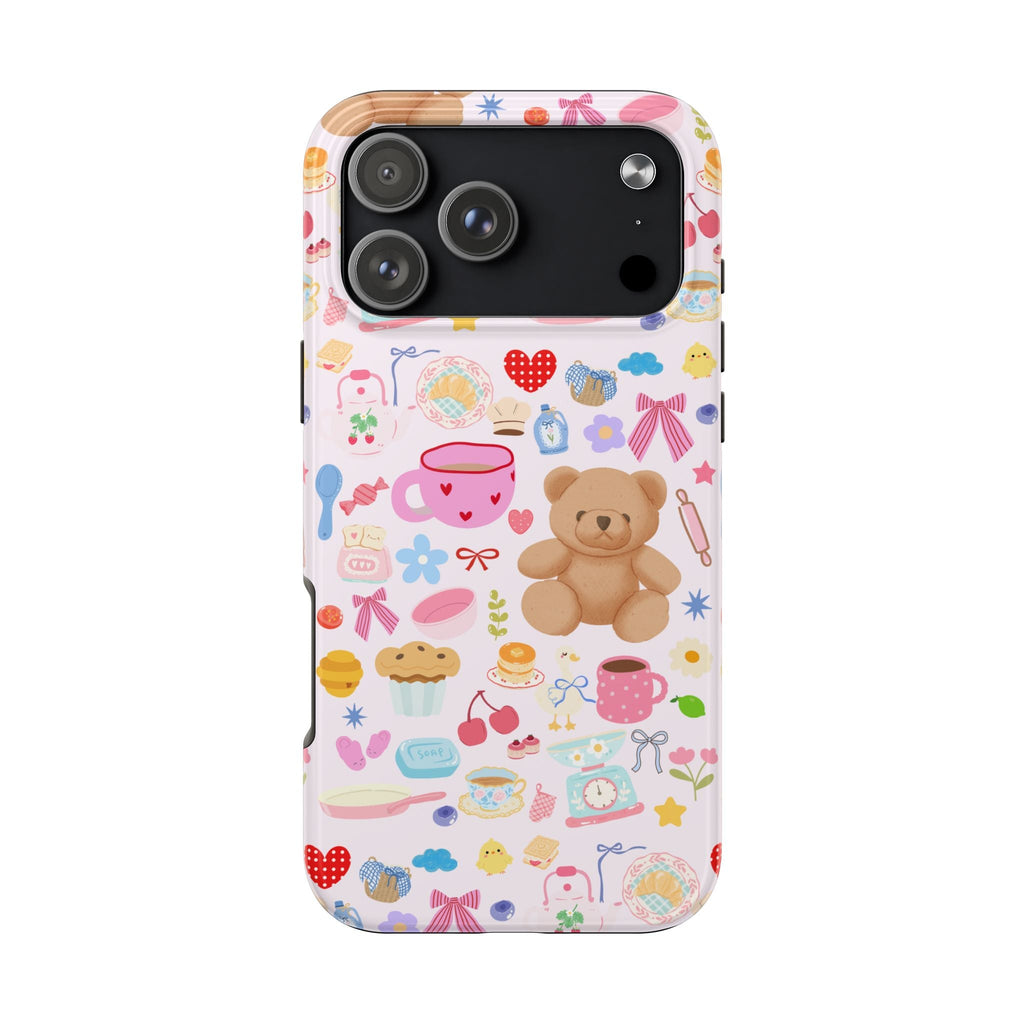 Teddy bear collage phone case with pastel desserts and teddy bear; camera cutouts