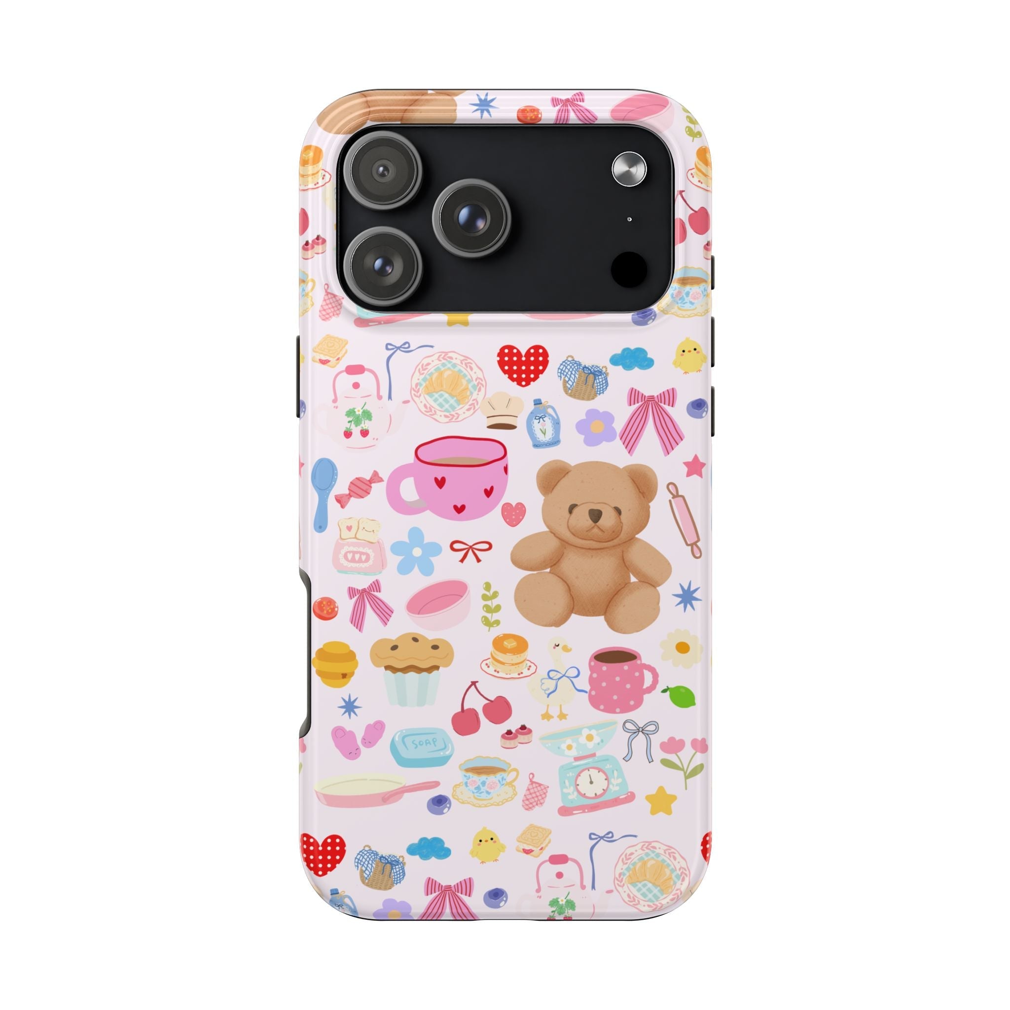 Teddy bear collage phone case with pastel desserts and teddy bear; camera cutouts