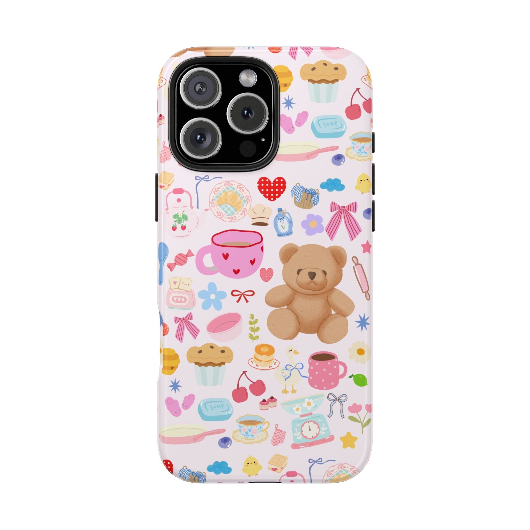 Teddy bear collage phone case, light pink/white with teddy bears, hearts, teacups, cupcakes